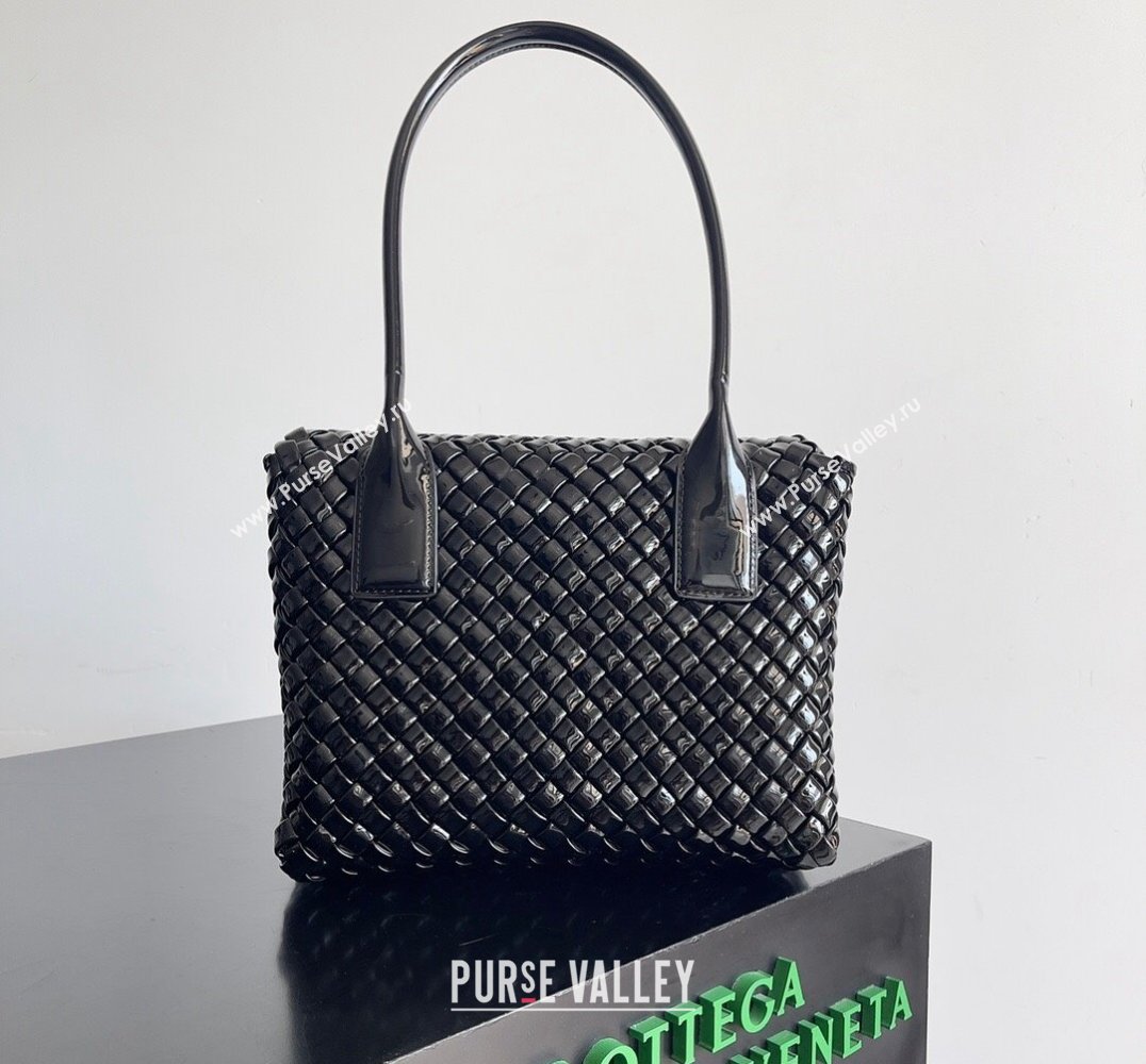 Bottega Veneta Patti Padded intreccio leather Top Handle Bag Patent Black 2024 (misu-24040807)