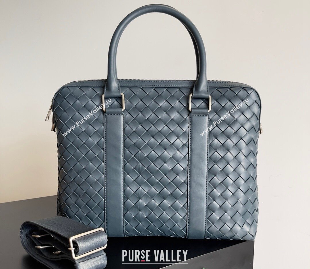 Bottega Veneta Slim Intrecciato Briefcase Bag Navy Blue (misu-24040828)