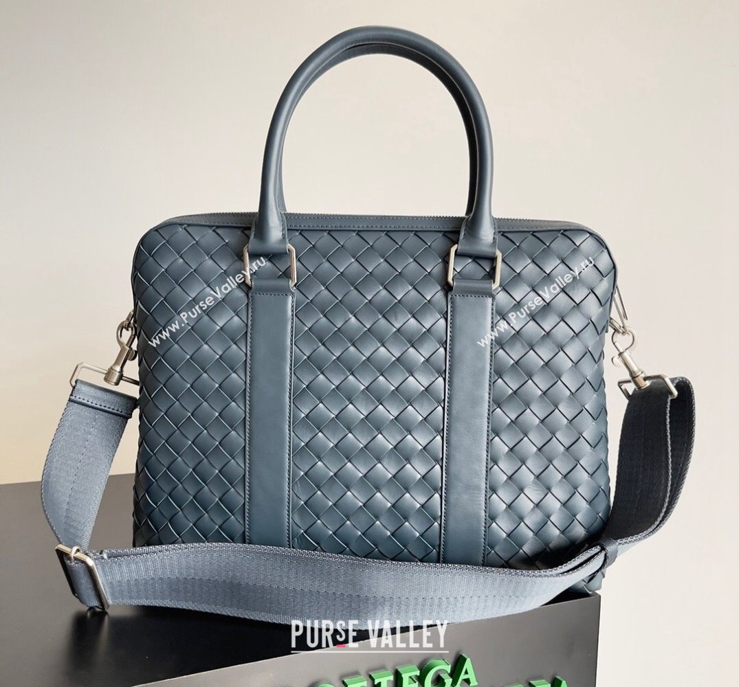 Bottega Veneta Slim Intrecciato Briefcase Bag Navy Blue (misu-24040828)