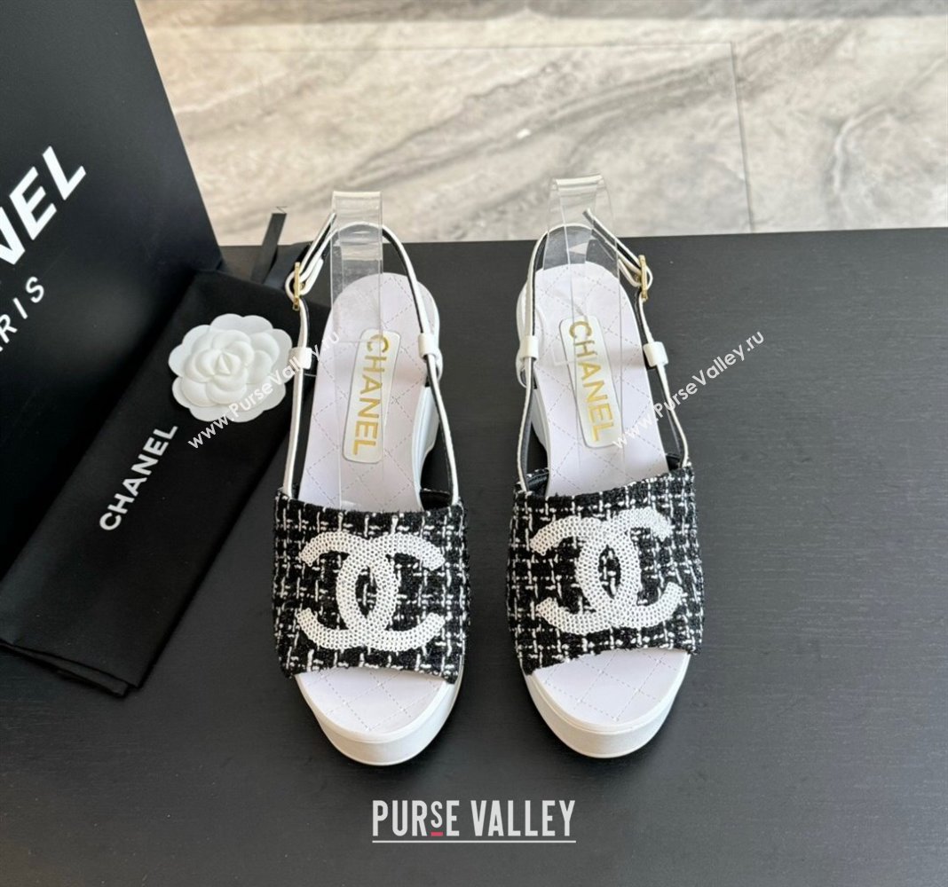 Chanel Tweed Patent Calfskin Sandals G45555 Black 2024 (modeng-24040705)