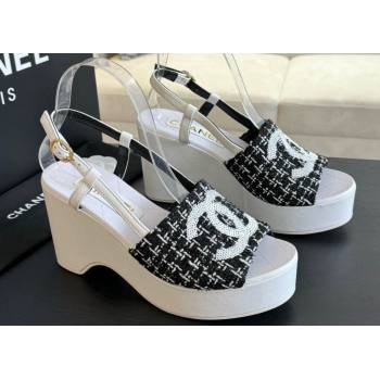 Chanel Tweed Patent Calfskin Sandals G45555 Black 2024 (modeng-24040705)