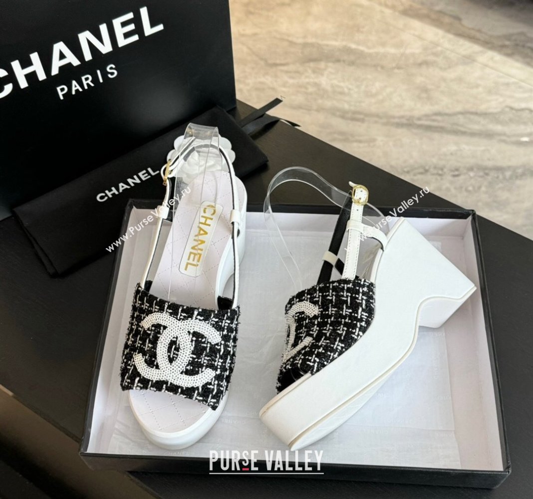 Chanel Tweed Patent Calfskin Sandals G45555 Black 2024 (modeng-24040705)