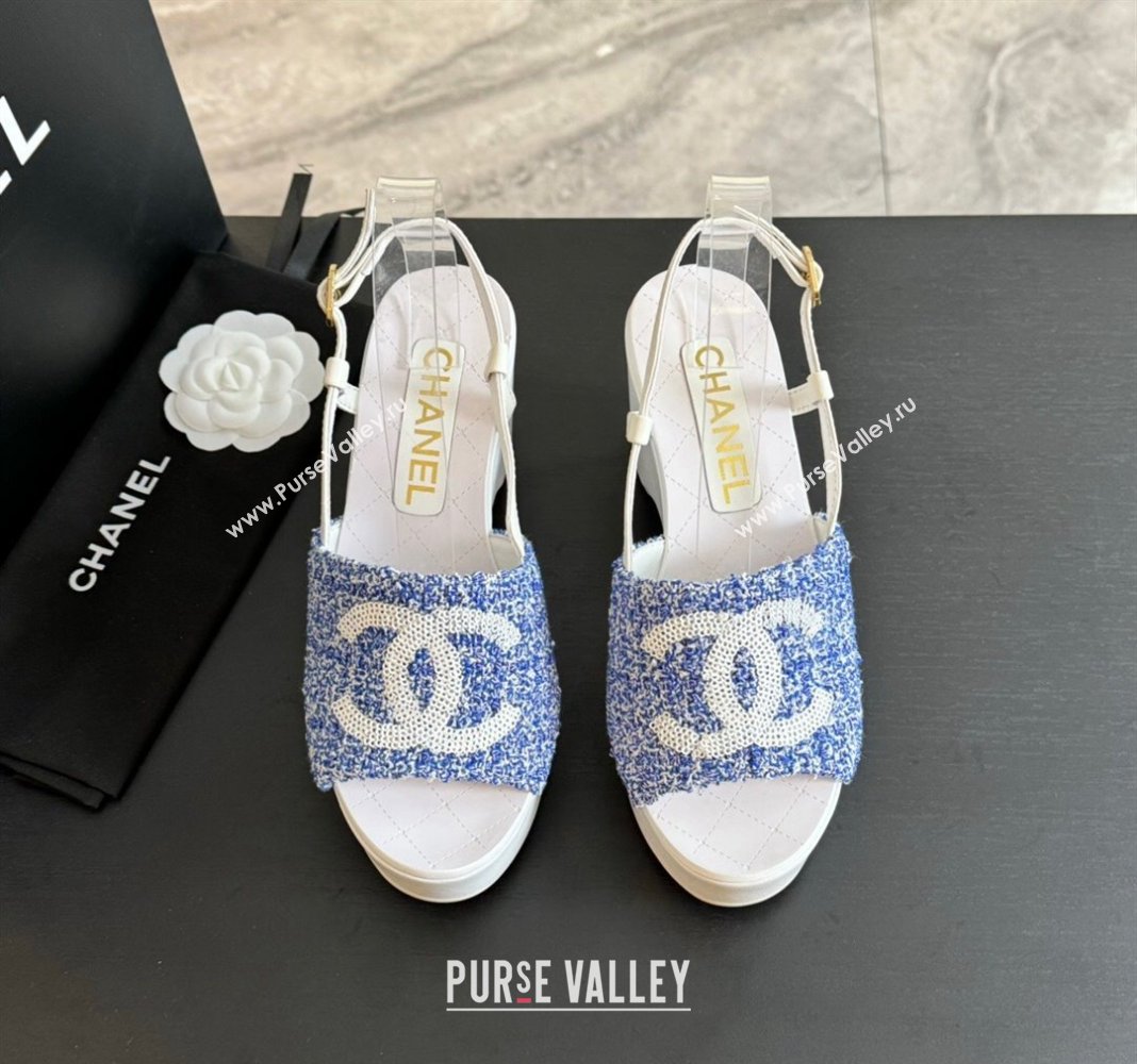 Chanel Tweed Patent Calfskin Sandals G45555 Blue 2024 (modeng-24040707)