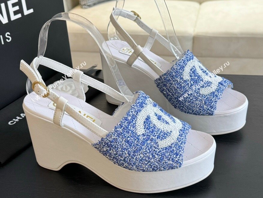 Chanel Tweed Patent Calfskin Sandals G45555 Blue 2024 (modeng-24040707)