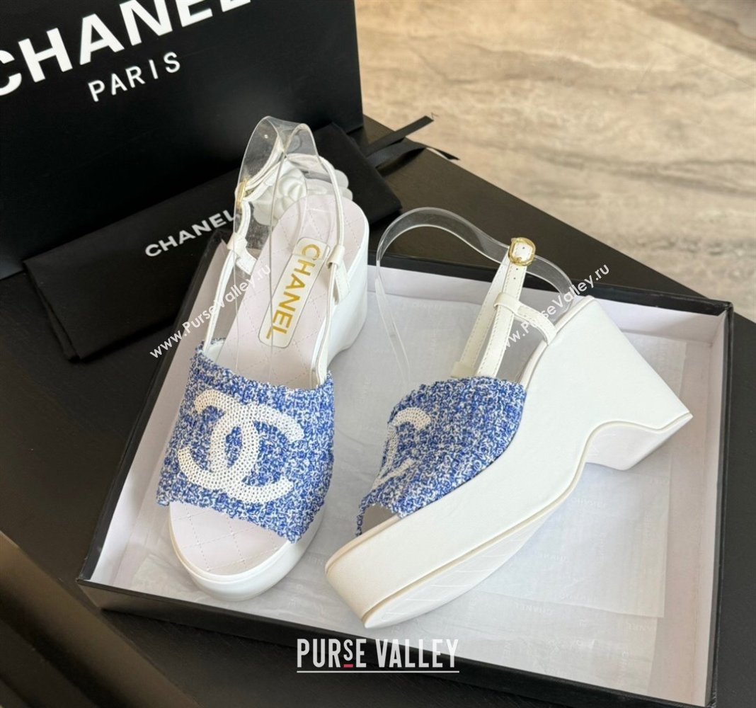 Chanel Tweed Patent Calfskin Sandals G45555 Blue 2024 (modeng-24040707)