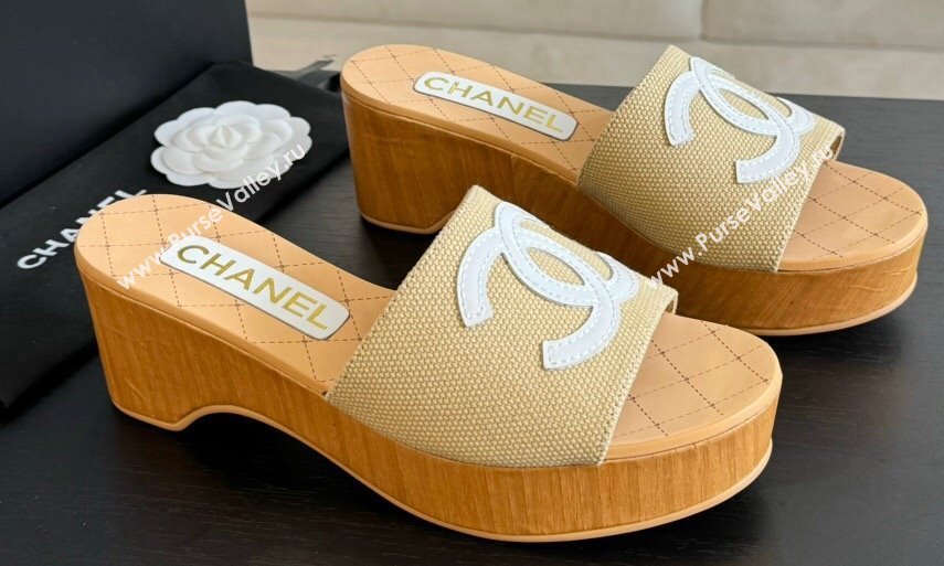 Chanel Fabric Patent Calfskin Mules G45555 Beige 2024 (modeng-24040711)