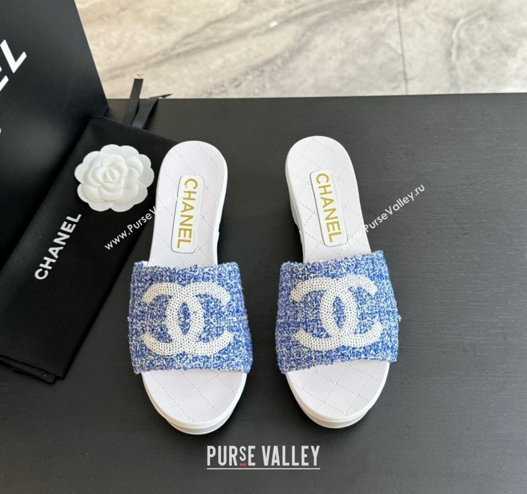 Chanel Tweed Patent Calfskin Mules G45555 Blue 2024 (modeng-24040715)