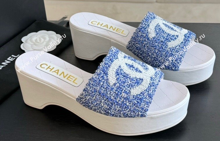 Chanel Tweed Patent Calfskin Mules G45555 Blue 2024 (modeng-24040715)