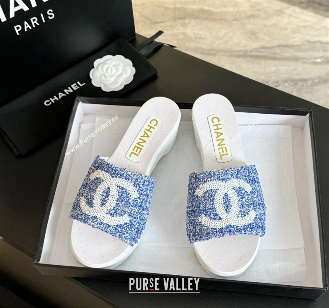 Chanel Tweed Patent Calfskin Mules G45555 Blue 2024 (modeng-24040715)