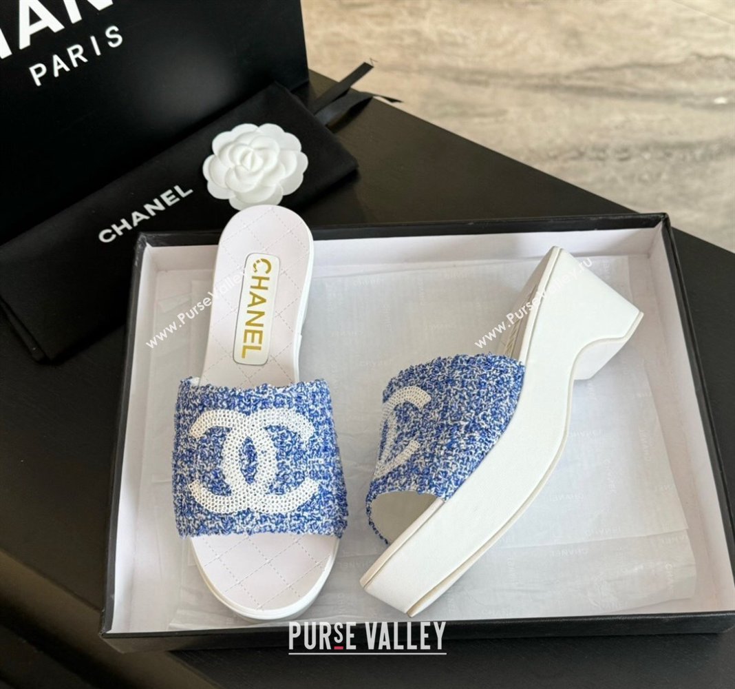 Chanel Tweed Patent Calfskin Mules G45555 Blue 2024 (modeng-24040715)