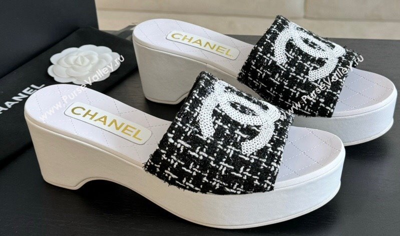 Chanel Tweed Patent Calfskin Mules G45555 Black 2024 (modeng-24040713)