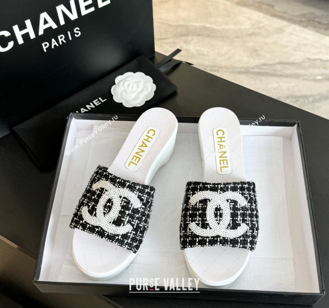 Chanel Tweed Patent Calfskin Mules G45555 Black 2024 (modeng-24040713)