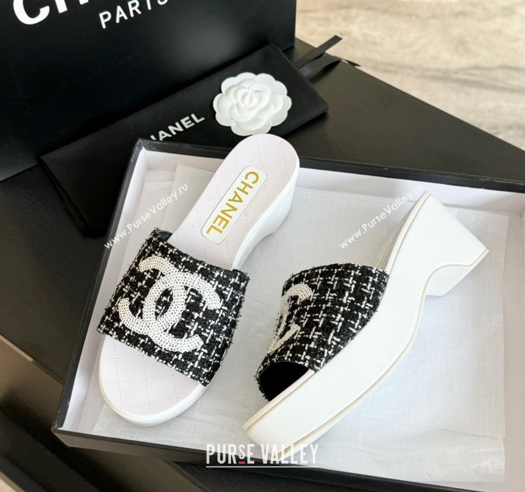 Chanel Tweed Patent Calfskin Mules G45555 Black 2024 (modeng-24040713)