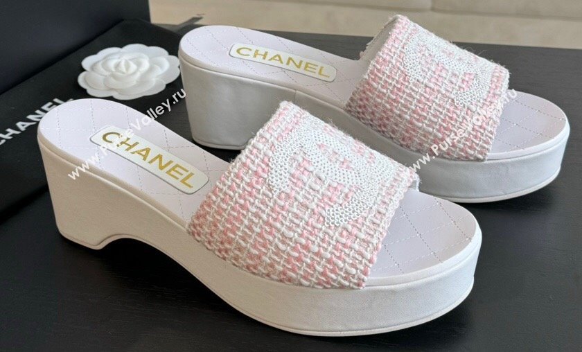 Chanel Tweed Patent Calfskin Mules G45555 Pink 2024 (modeng-24040716)