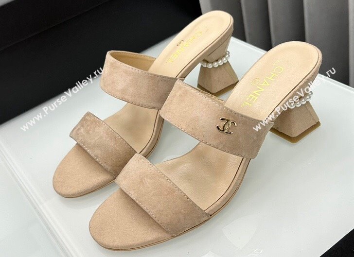 Chanel Kid Suede Imitation Pearls Mules G45685 Beige 2024 (modeng-24040721)