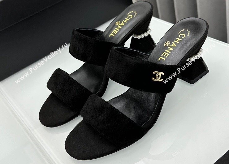 Chanel Kid Suede Imitation Pearls Mules G45685 Black 2024 (modeng-24040720)