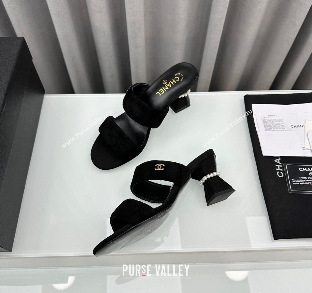 Chanel Kid Suede Imitation Pearls Mules G45685 Black 2024 (modeng-24040720)