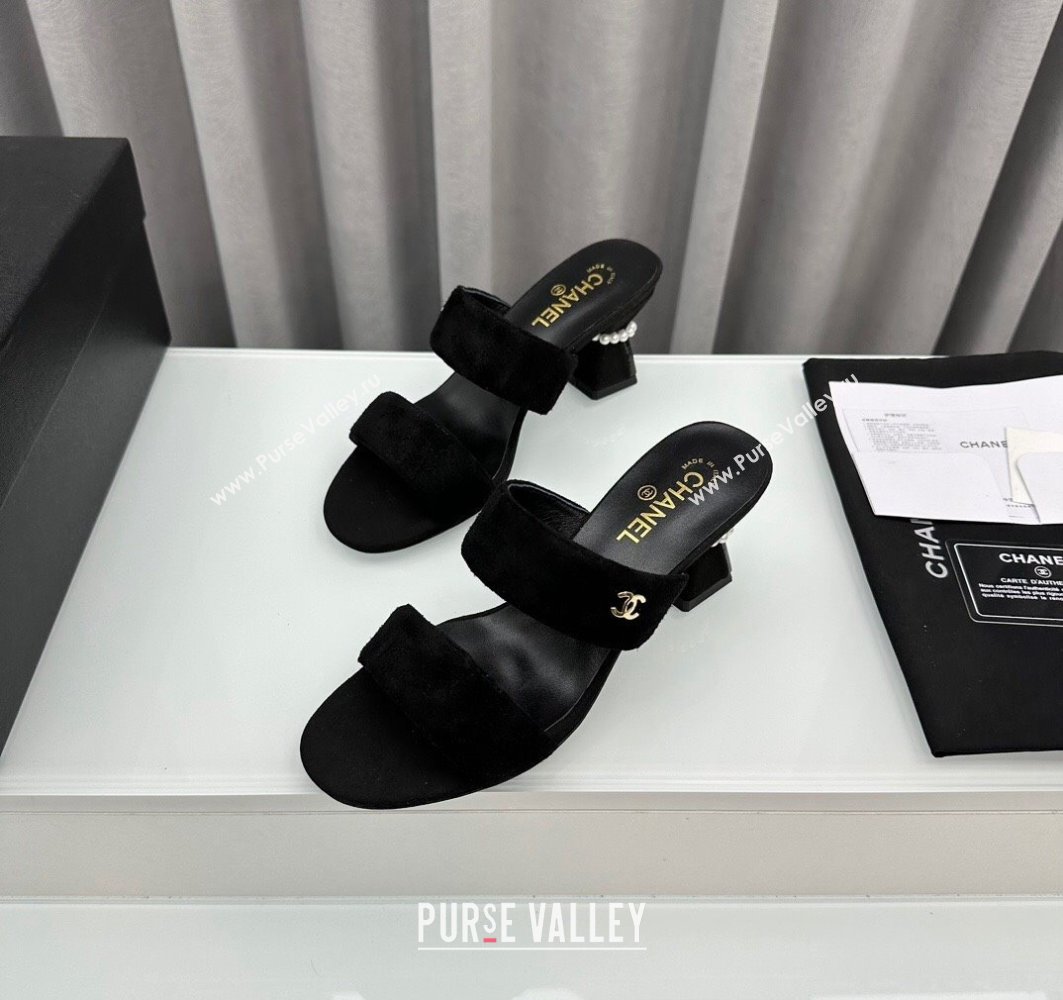 Chanel Kid Suede Imitation Pearls Mules G45685 Black 2024 (modeng-24040720)