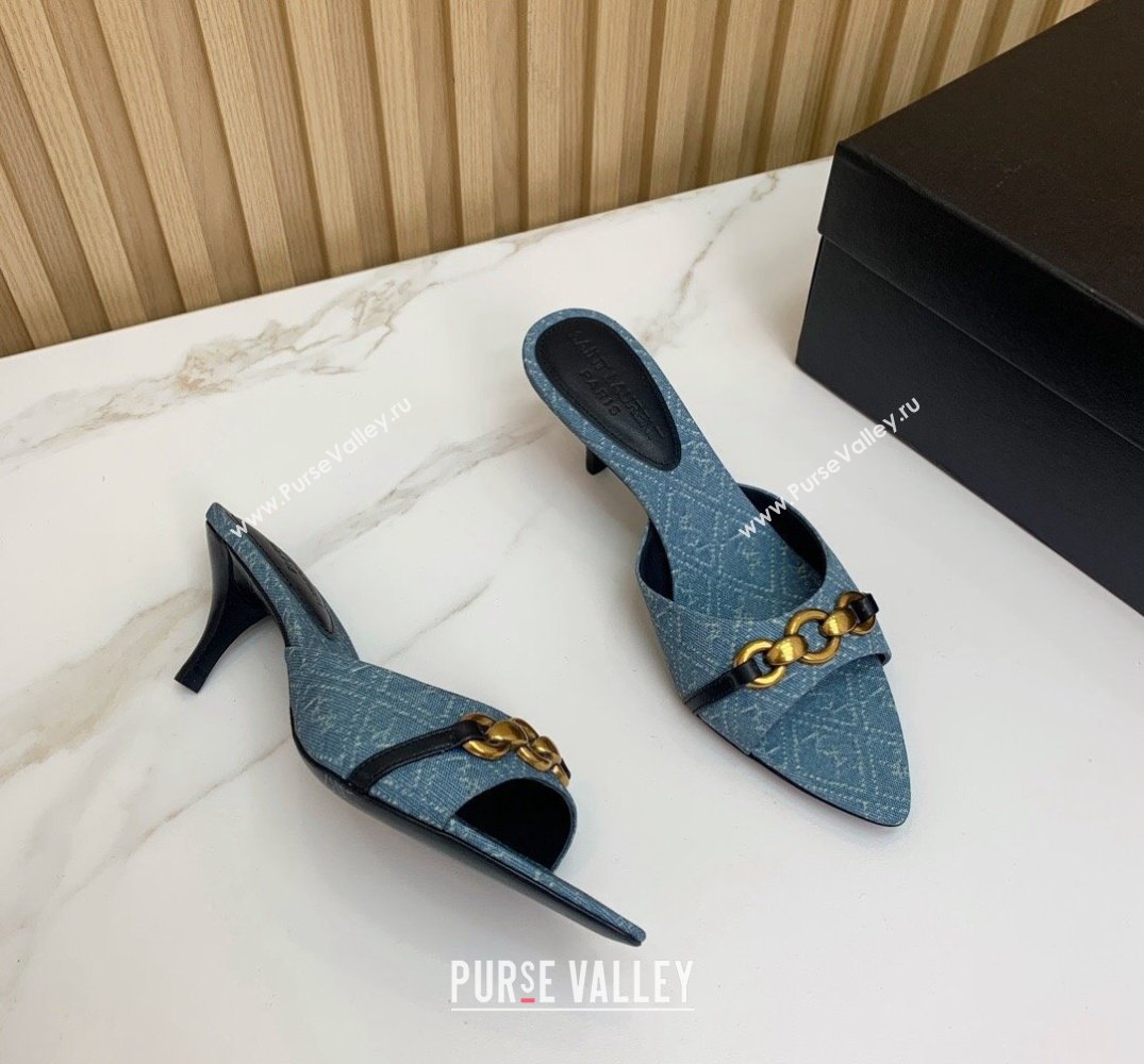 Saint Laurent Heel 4cm le maillon mules with a cable-link chain in Denim Blue 2024 (modeng-24040725)