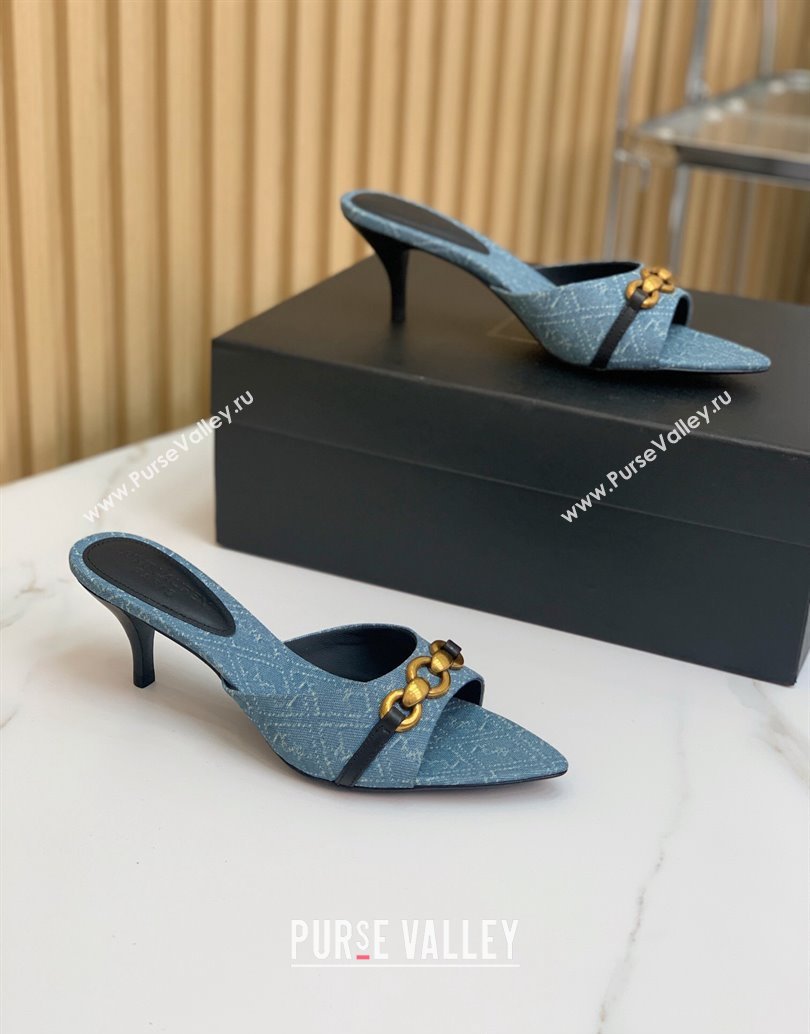 Saint Laurent Heel 4cm le maillon mules with a cable-link chain in Denim Blue 2024 (modeng-24040725)