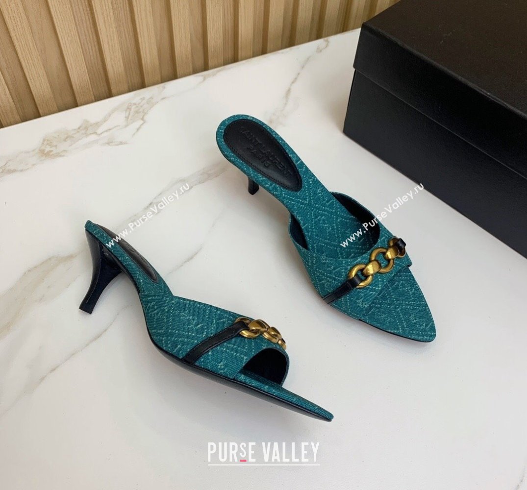 Saint Laurent Heel 4cm le maillon mules with a cable-link chain in Denim Green 2024 (modeng-24040726)