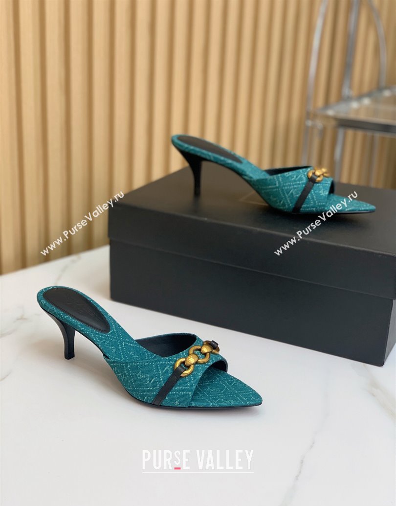 Saint Laurent Heel 4cm le maillon mules with a cable-link chain in Denim Green 2024 (modeng-24040726)