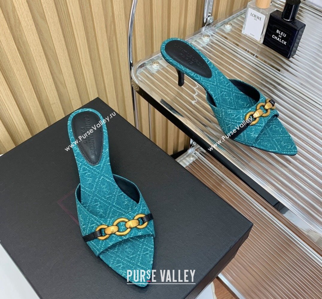 Saint Laurent Heel 4cm le maillon mules with a cable-link chain in Denim Green 2024 (modeng-24040726)