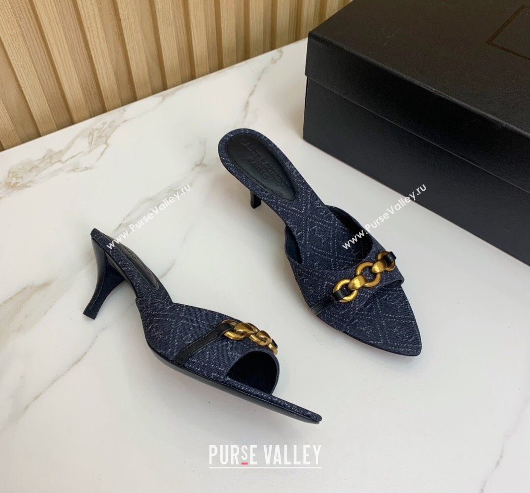 Saint Laurent Heel 4cm le maillon mules with a cable-link chain in Denim Navy Blue 2024 (modeng-24040724)