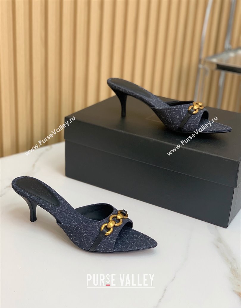 Saint Laurent Heel 4cm le maillon mules with a cable-link chain in Denim Navy Blue 2024 (modeng-24040724)