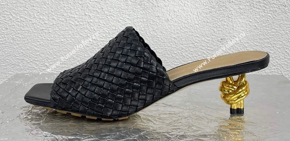 Bottega Veneta Mid Heel 4.5cm Intreccio Leather Knot Mules Black 2024 (modeng-24040734)