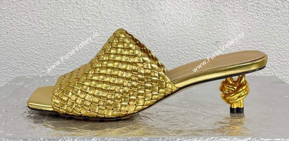 Bottega Veneta Mid Heel 4.5cm Intreccio Leather Knot Mules Gold 2024 (modeng-24040738)