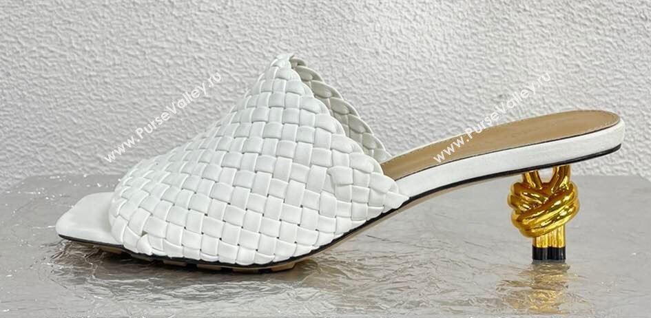 Bottega Veneta Mid Heel 4.5cm Intreccio Leather Knot Mules White 2024 (modeng-24040735)