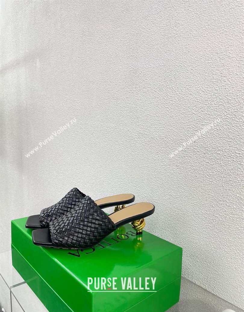 Bottega Veneta Mid Heel 4.5cm Intreccio Leather Knot Mules Black 2024 (modeng-24040734)