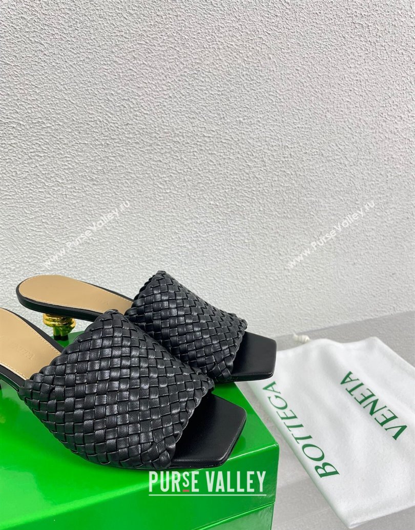 Bottega Veneta Mid Heel 4.5cm Intreccio Leather Knot Mules Black 2024 (modeng-24040734)