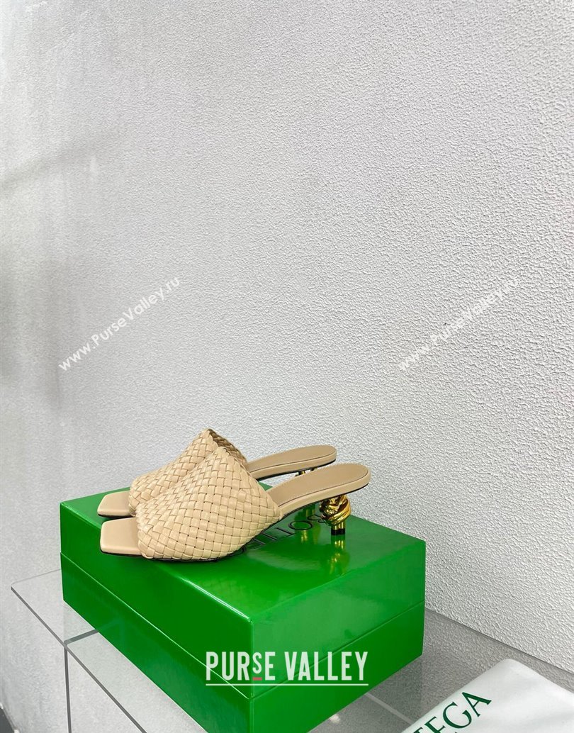 Bottega Veneta Mid Heel 4.5cm Intreccio Leather Knot Mules Nude 2024 (modeng-24040736)