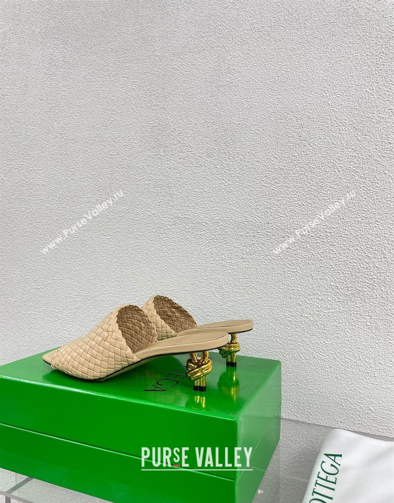 Bottega Veneta Mid Heel 4.5cm Intreccio Leather Knot Mules Nude 2024 (modeng-24040736)