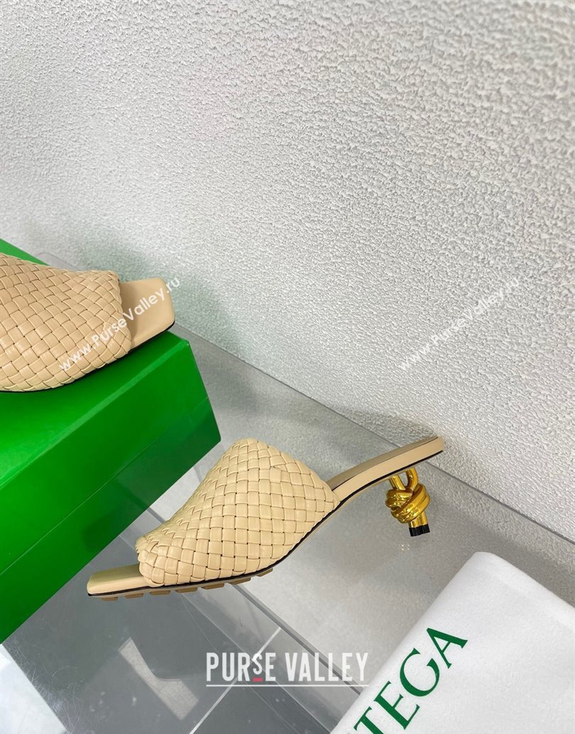 Bottega Veneta Mid Heel 4.5cm Intreccio Leather Knot Mules Nude 2024 (modeng-24040736)