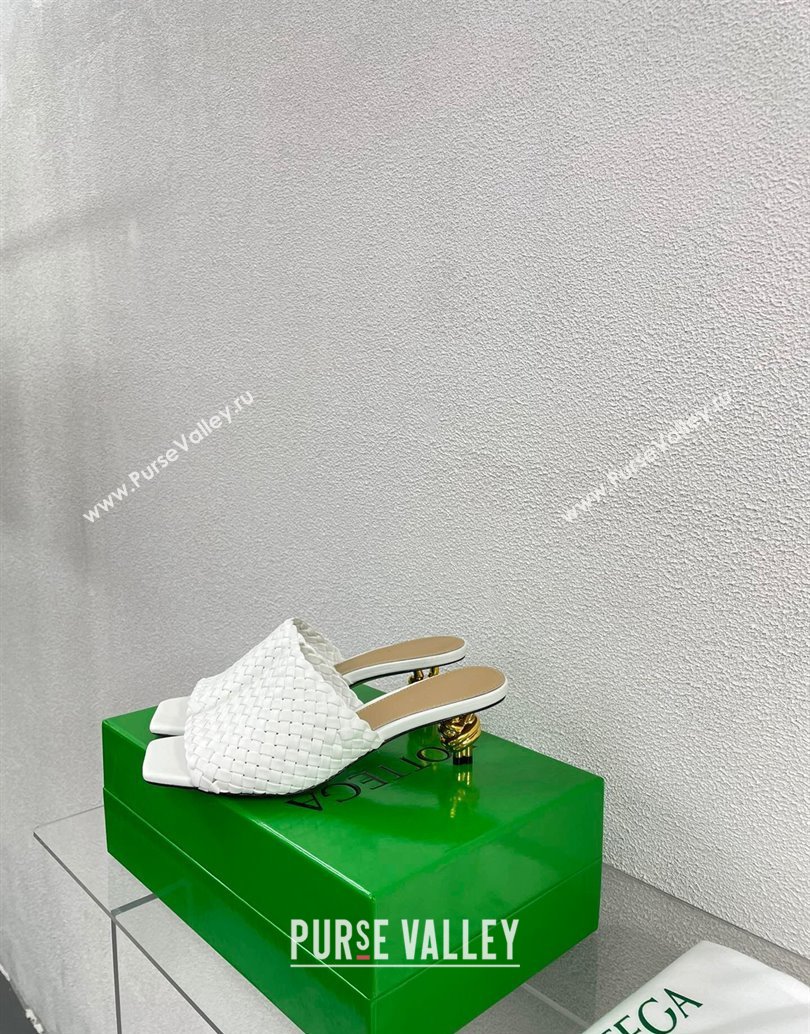 Bottega Veneta Mid Heel 4.5cm Intreccio Leather Knot Mules White 2024 (modeng-24040735)