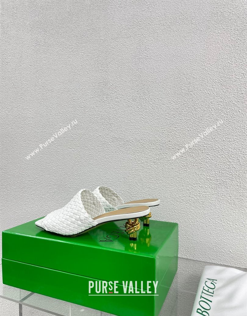 Bottega Veneta Mid Heel 4.5cm Intreccio Leather Knot Mules White 2024 (modeng-24040735)