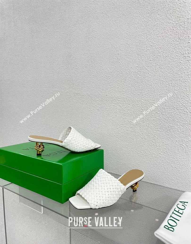 Bottega Veneta Mid Heel 4.5cm Intreccio Leather Knot Mules White 2024 (modeng-24040735)