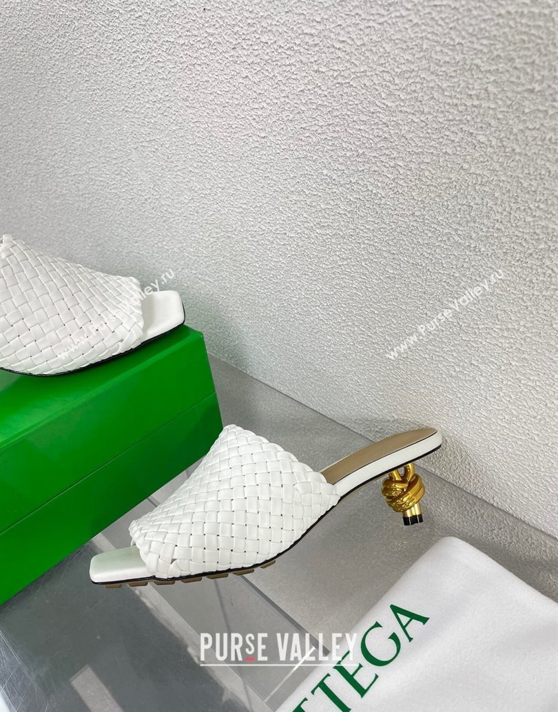 Bottega Veneta Mid Heel 4.5cm Intreccio Leather Knot Mules White 2024 (modeng-24040735)