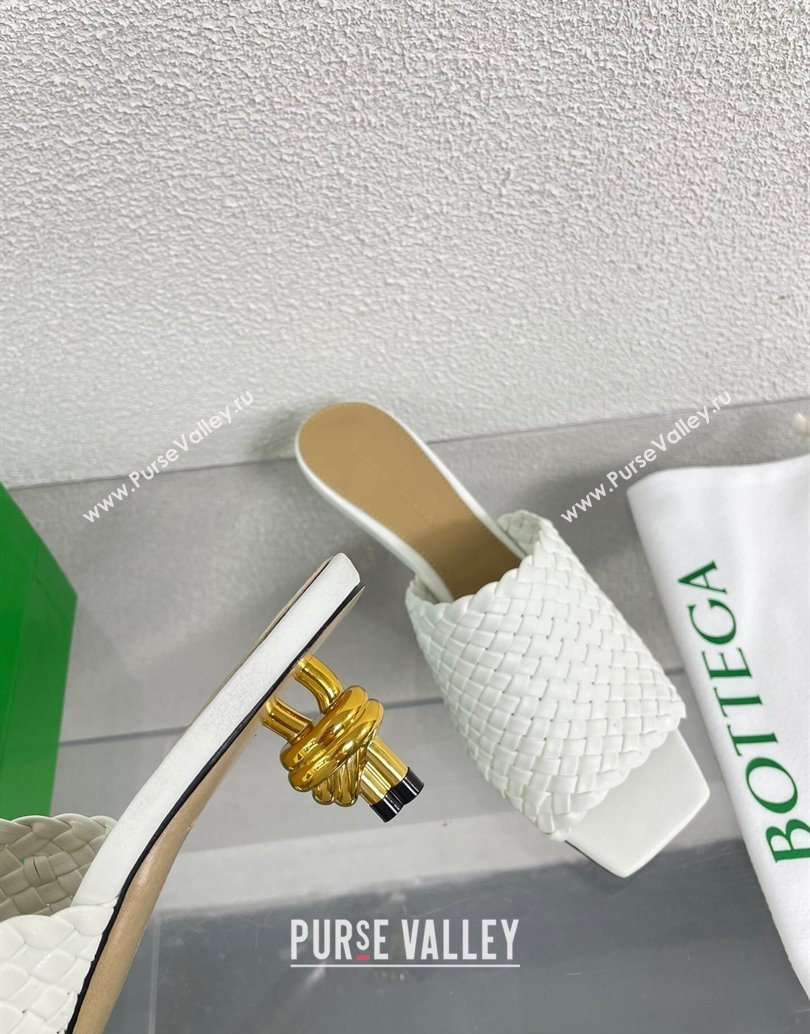 Bottega Veneta Mid Heel 4.5cm Intreccio Leather Knot Mules White 2024 (modeng-24040735)