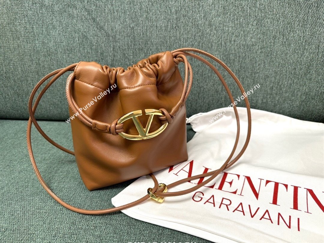 Valentino Vlogo Pouf Nappa Leather Mini Bucket Bag Brown 2024 (jindong-24040815)