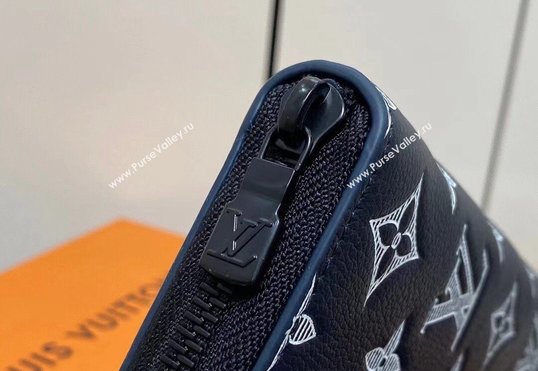 Louis Vuitton Monogram Shadow calfskin leather Zippy Vertical Wallet M83381 Ink Blue/White 2024 (kiki-24040812)