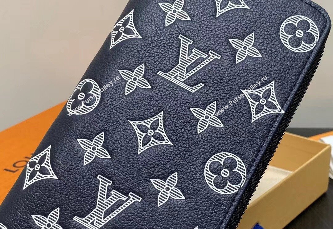 Louis Vuitton Monogram Shadow calfskin leather Zippy Vertical Wallet M83381 Ink Blue/White 2024 (kiki-24040812)