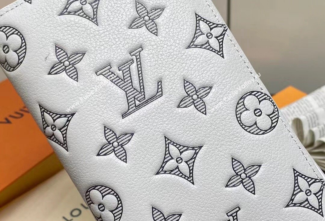 Louis Vuitton Monogram Shadow calfskin leather Brazza Wallet White/Navy 2024 (kiki-24040815)