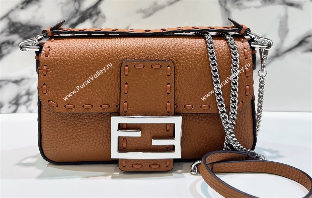 Fendi Mini Baguette Bag Brown Selleria with 309 hand-sewn topstitches 2024 (chaoliu-24040925)