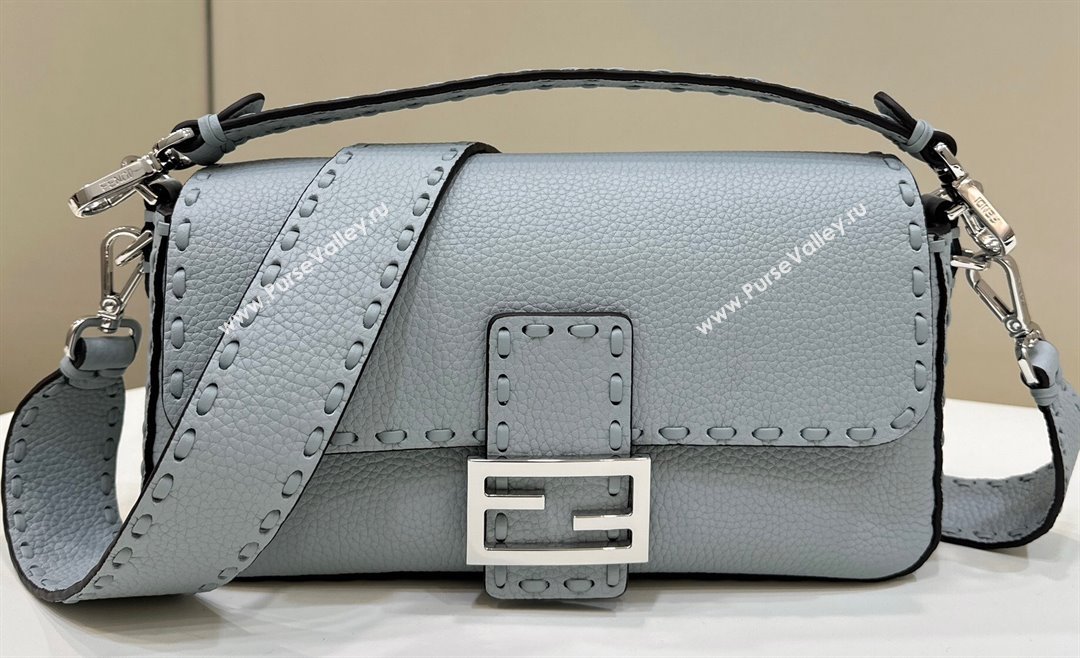 Fendi Medium Baguette Bag Light Blue Selleria with 612 hand-sewn topstitches 2024 (chaoliu-24040918)