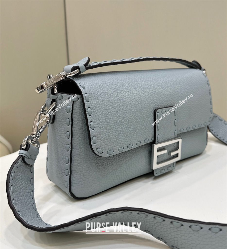 Fendi Medium Baguette Bag Light Blue Selleria with 612 hand-sewn topstitches 2024 (chaoliu-24040918)