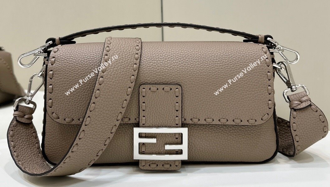 Fendi Medium Baguette Bag Dove Gray Selleria with 612 hand-sewn topstitches 2024 (chaoliu-24040917)